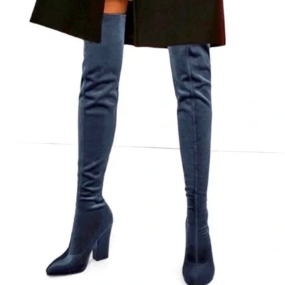 Zara Thigh High Gray Blue Velvet Heeled Boots | Size 6